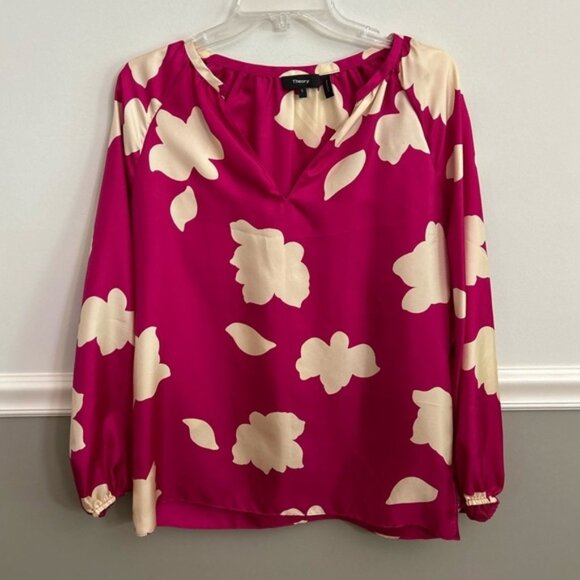 Theory Dark Pink Magenta Open V-Neck Top in Petal Print Silk Size Small - Picture 1 of 9